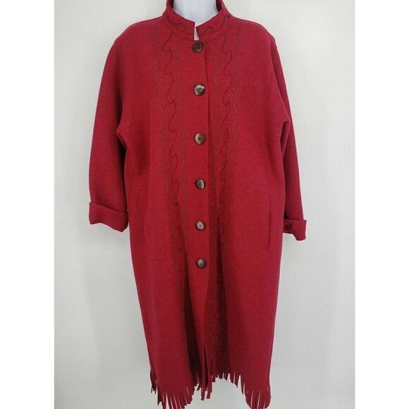 J.Jill Red Long Coat Jacket Size Medium Peruvian Alpaca Wool Blend Embroidery - Picture 12 of 12